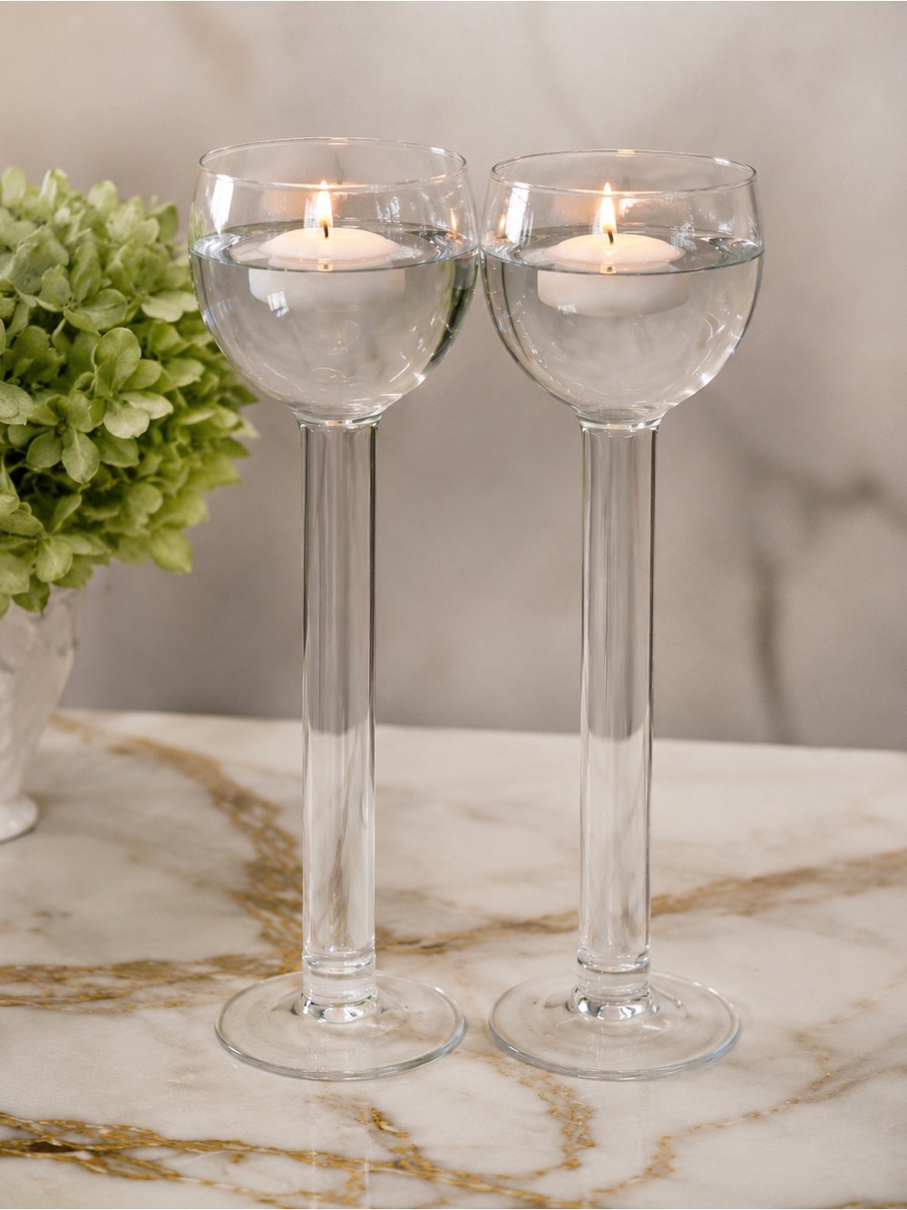 Crate & Barrel Tall Hollow Stem Glass Floating Candle Holders Pair